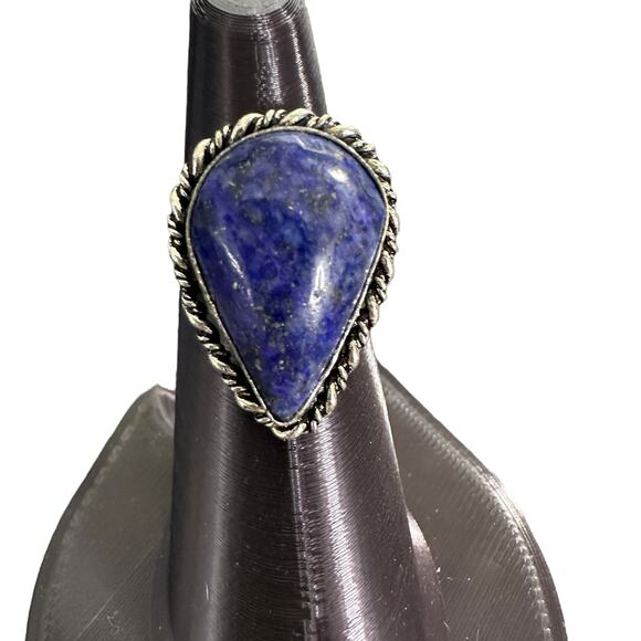 Lapis lazuli teardrop semi-precious gemstone ring sterling silver plated 8.5 - Picture 3 of 6